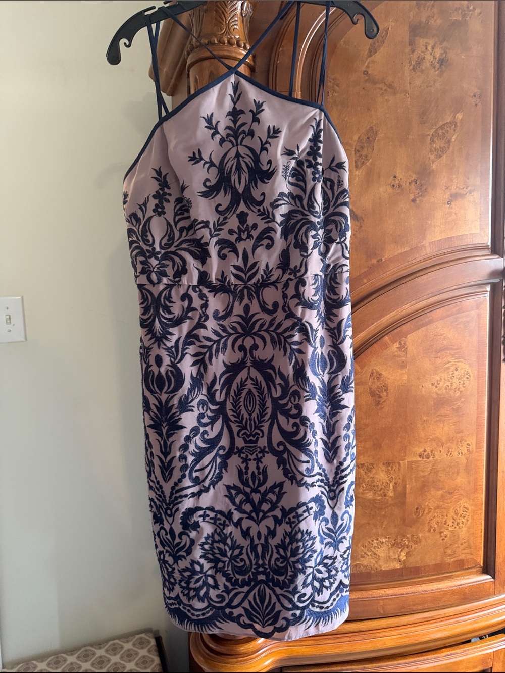 BCBGMaxAzria Blush Dress with Navy Damask Velvet Overlay